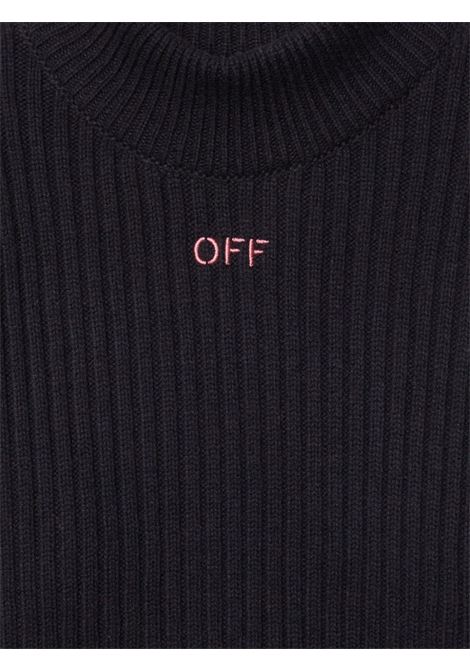 Maglione nero colloalto a coste con scritta e rifiniture polsi a contrasto rosa OFF WHITE KIDS | MAGLIONI E CARDIGAN | OGHF001F24KNI0011030